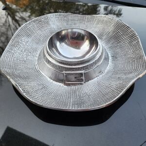 Silver Textured Metal Dip Bowl and Serving Plate